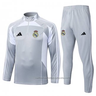 Chandal de Sudadera del Real Madrid Nino 25/26 Gris Blanco